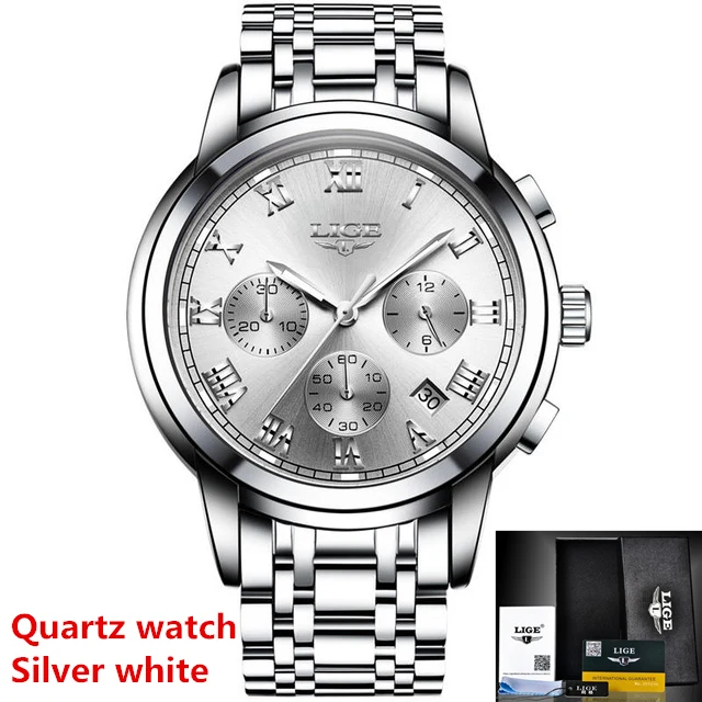 Silver white Quartz Мужские часы Лидирующий бренд LIGE модные роскошные деловые автоматические механические мужские военные стальные водонепроницаемые часы Relogio Masculino - Цвет: Silver white Quartz