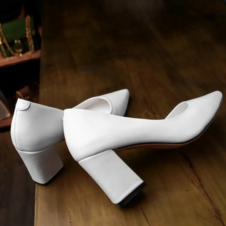 Модные женские туфли из натуральной кожи с острым носком на массивном каблуке