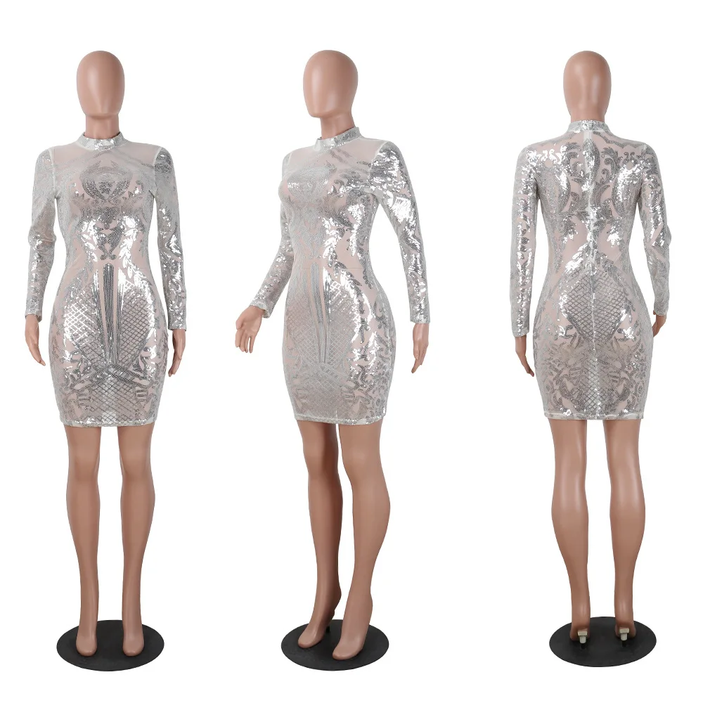 Женское вечернее платье миди с длинным рукавом геометрическим принтом|sexy sequin