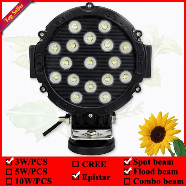 

7inch round 51W black led driving light used for truck 4wd 4x4 suv atv ute 17leds 51w led offroad light led work light 12v light