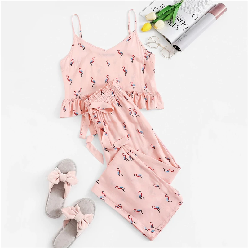 Dotfashion розовый Фламинго печати рюшами Cami и Drawstring Брюки PJ набор повседневные пижамы для женщин летние без рукавов ночное белье