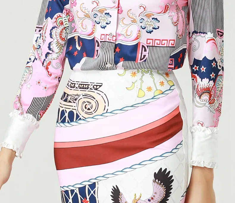 High quality new designer Fashion Two Pieces Set Women's Long Sleeve Embroidery Shirt and Printed Skirt Casual Shirt Sets Suits