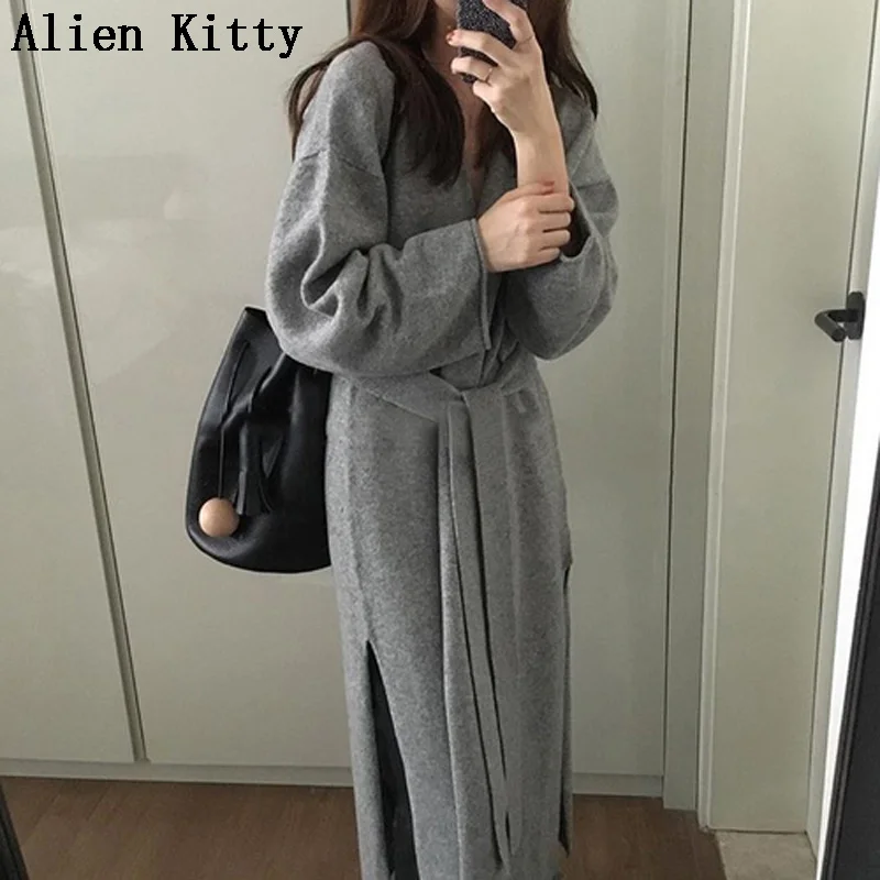 Женское пальто с поясом Alien Kitty длинное теплое мягкое зимнее|Женские пальто| |