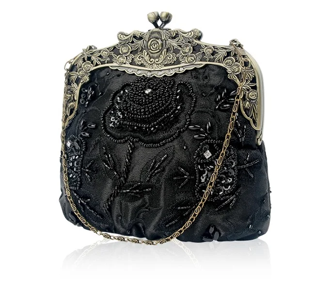 black 1920's Event, женские вечерние клатчи в античном стиле, Украшенные бусинами, Винтажная сумочка с розами, блестящий цветочный вечерний клатч для Great Gatsby Gala - Цвет: black