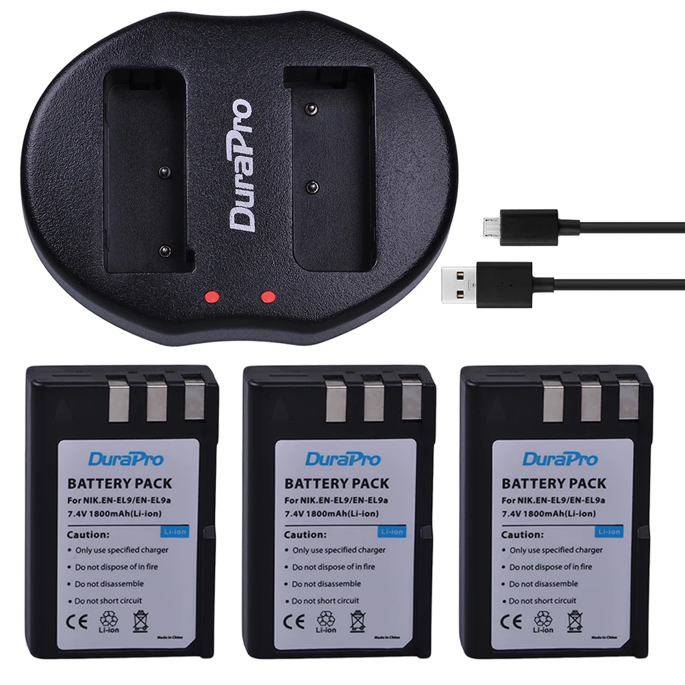 DuraPro 3 шт. 1800 мАч фотоаккумулятор EL9 ENEL9 + двойное зарядное устройство USB для Nikon D40 D40X