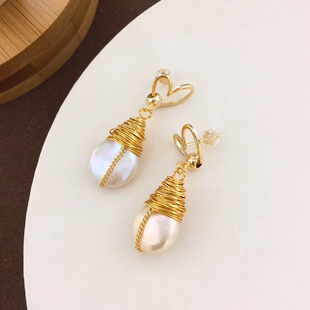 Серьги-подвески Yuaner 14K из золотого сплава в форме сердца натуральная пуговица