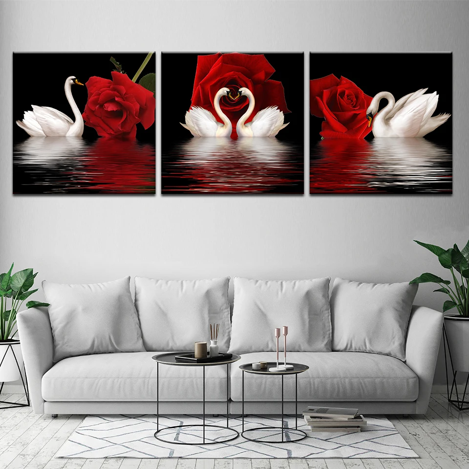 The swan swam in the river red rose современный модульный настенный постер Скандинавская