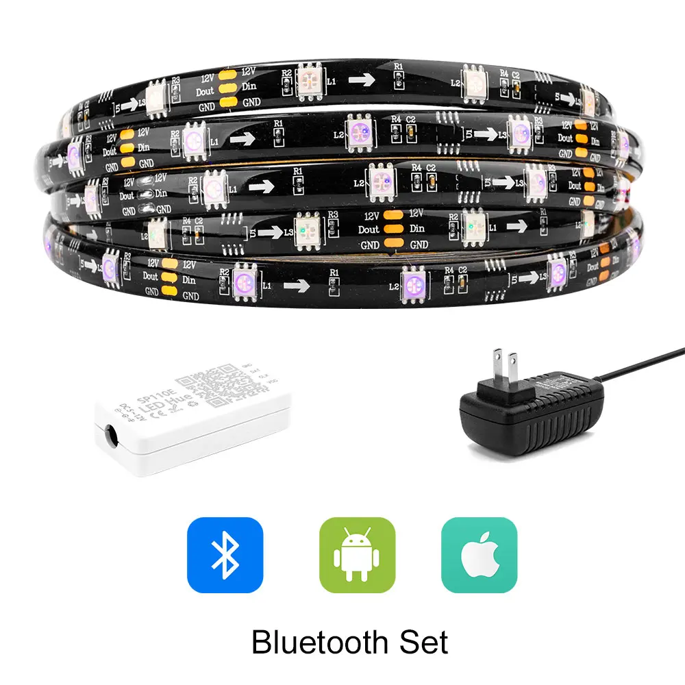 Black Bluetooth Set DreamColor набор светодиодных лент 5 м SMD 5050 RGB набор встроенных IC DC12V 150 Светодиодная лента с RF/APP светодиодный контроллер Синхронизация с музыкой IP65 - Испускаемый цвет: Black Bluetooth Set