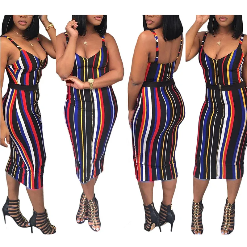 Летние глубокий v образным вырезом Спагетти ремень женское платье Bodycon полосатый