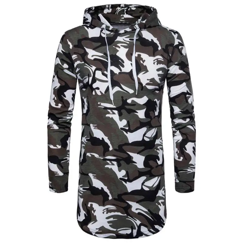 Модные Для мужчин Удлиненные худи High Street Camo с капюшоном Мышцы топы длинным