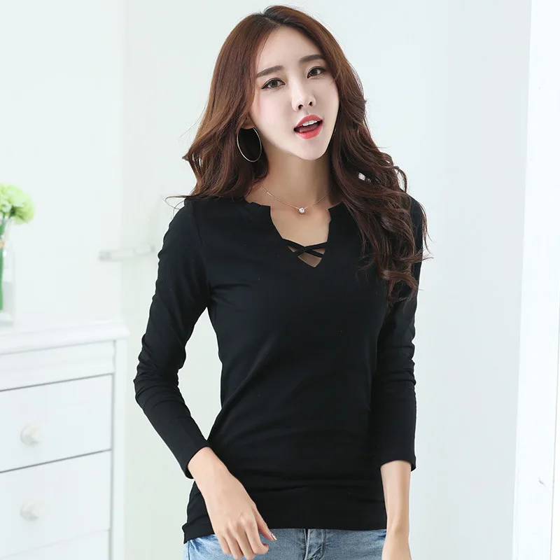 2018 Тонкая Повседневная стильная футболка с v-образным вырезом женские топы на