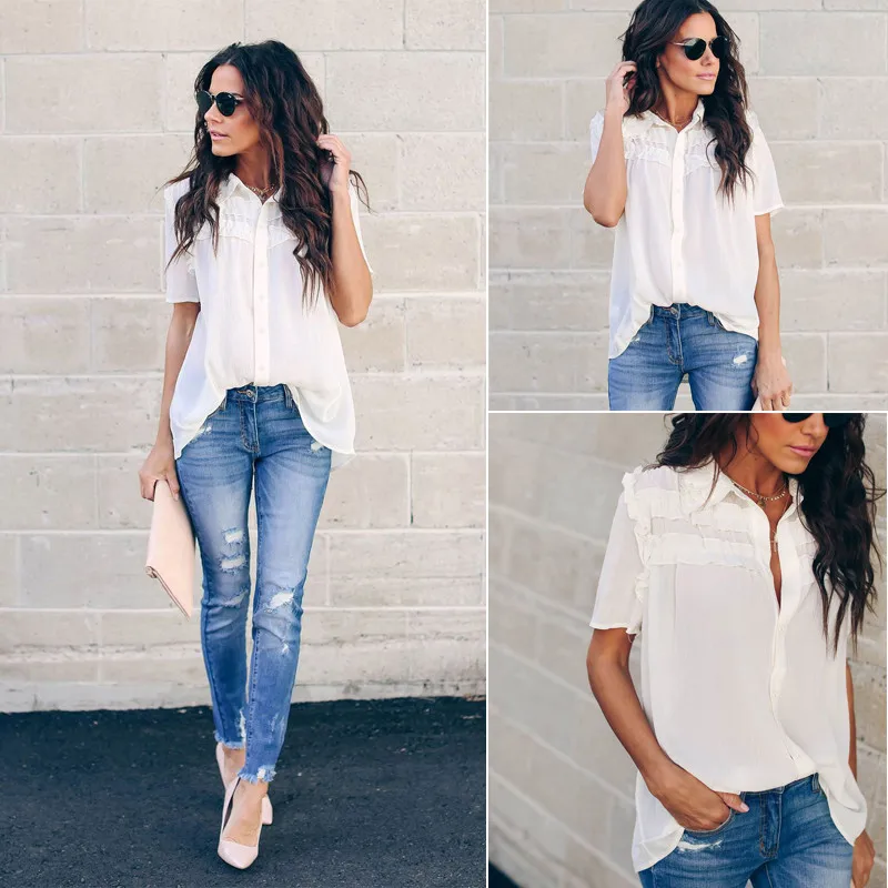 

Work Office Button Up Blouse Women Shirt Top V Neck Sexy Tops and Blouses Shirts