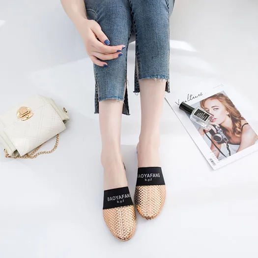 woven ladies gray round toe gold breathable flats women large size 10 korean mules plus slippers designer shoes china suede - Цвет: Золотой