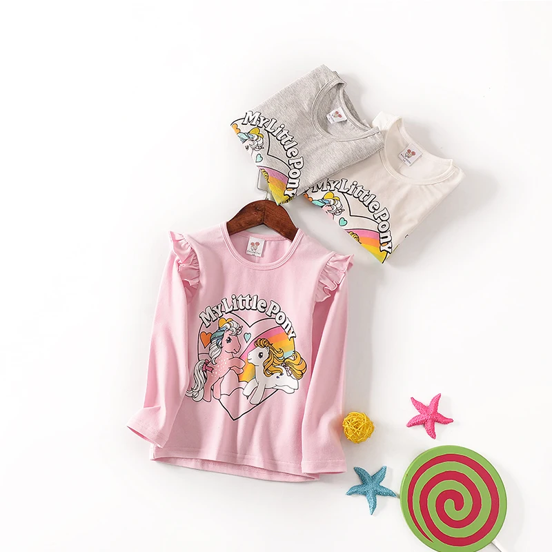 Новинка весны 2021 футболка для девочек с длинным рукавом и принтом love pony lotus leaf sleeve