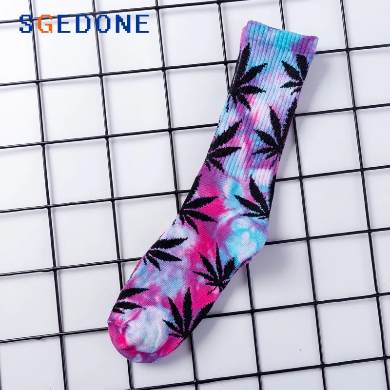 08 High-quality Tie-dyed Maple Leaf Socks Long Fashion Weed Socks Men Skateboard Hiphop Socks Meias Women Couple Cotton Socks 1Pair - Color: 08