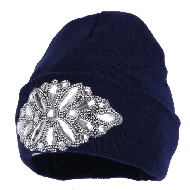 navy Женская шерстяная зимняя шапка, бренд skullies beanies, дизайнерские Роскошные теплые повседневные зимние шапки со стразами для девочек - Цвет: navy