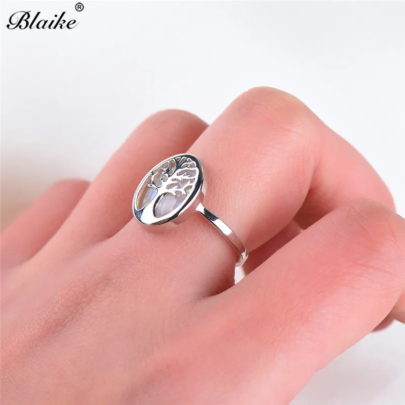 Blaike Luxury Blue/White Fire Opal Cute Life Tree Rings For Women Men 925 Sterling Silver Birthstone Fine Jewelry Graduate Gift