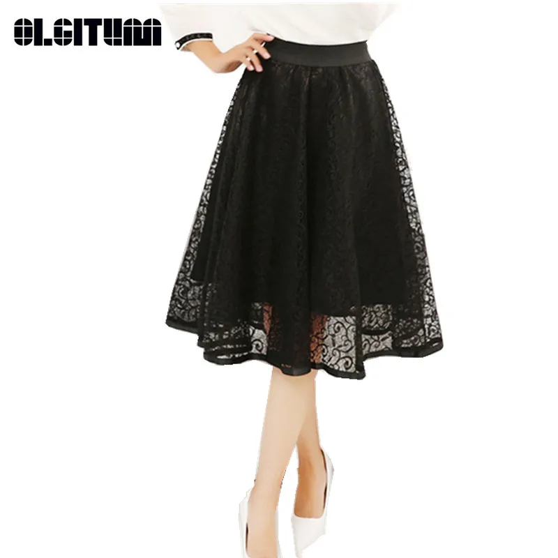 

Summer Women's Skirts Mesh Ball Gown A-line Hollow Lace Skirts High Waist Mid-long Fashion Skirts for Lady SK154