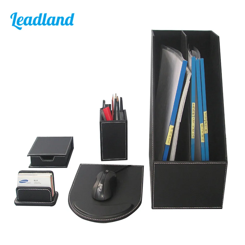 Cute Office Desktop Organizer Set Wooden Structure Magazine Rack Marker Faux Leather Card Holder Mouse Pad Pen Box T93H