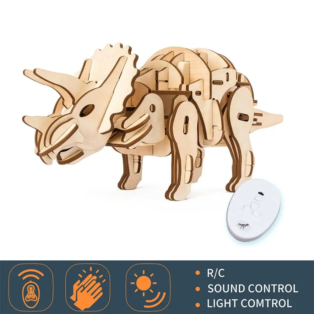 Robotime Sounds-модель трицератопса динозавра с дистанционным управлением 3D деревянная