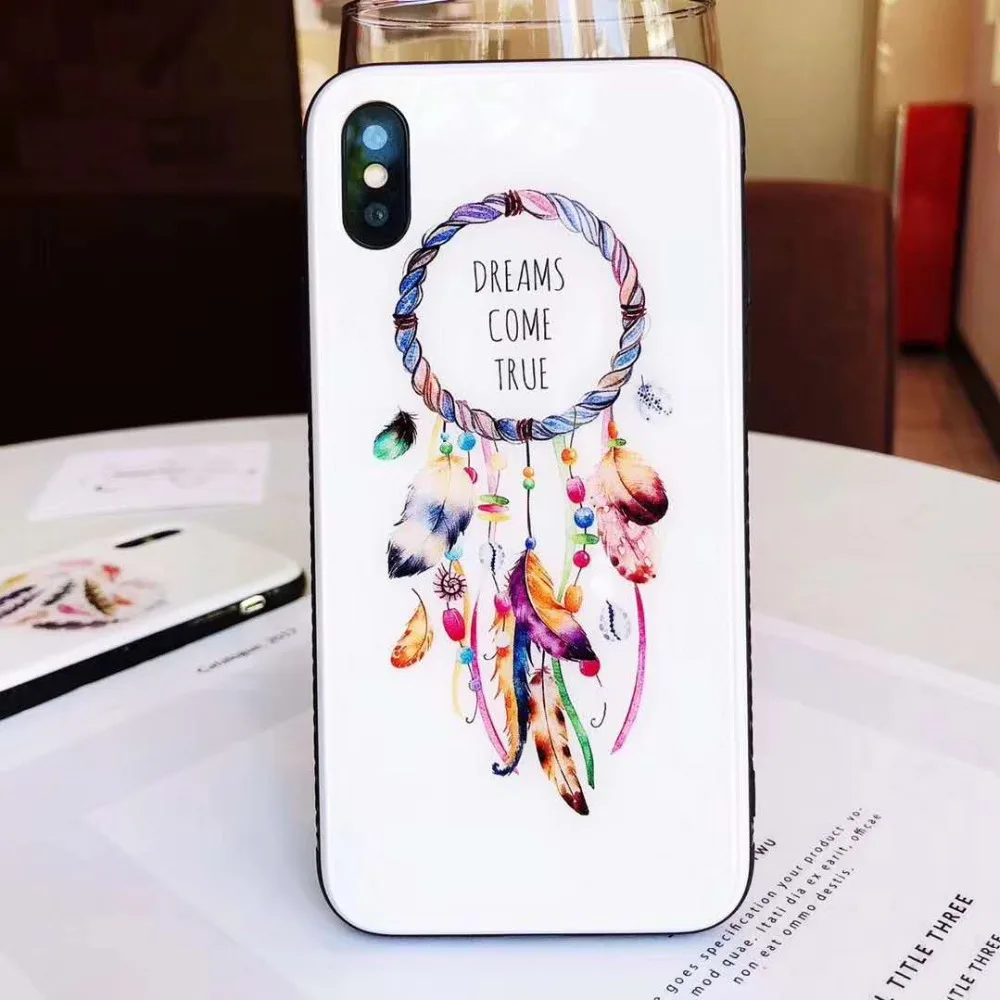 Ловец снов перьевой защитный чехол для iPhone X XS Max XR телефон закаленное стекло крышка чехол для iPhone 6 6s 7 8 Plus