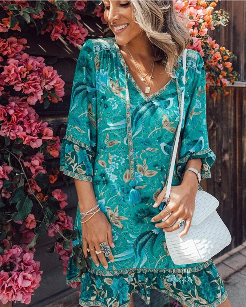 TEELYNN mini dresses for women flare sleeve Malachite green BOHO Dresses rayon ILONA Forest floral print summer Dresses vestido