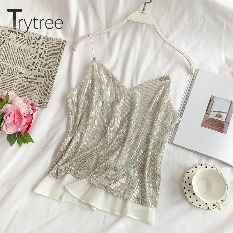 Trytree, сексуальные майки, женские топы, расшитые блестками, серебристо-зеленый жилет с v-образным вырезом, двухслойные майки, топы, однотонные, черные, модные майки для фитнеса