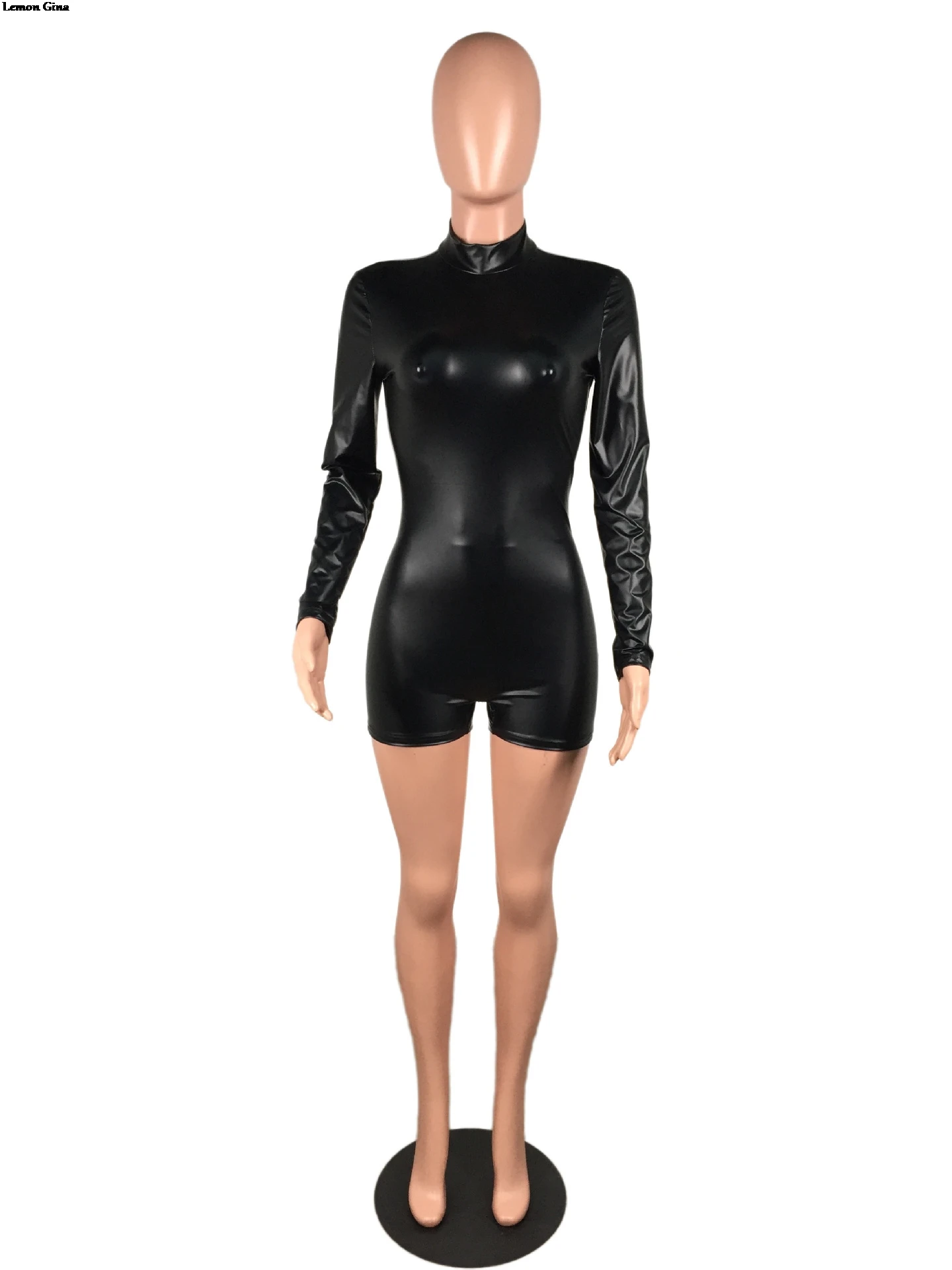 Lemon Gina Women stand neck long sleeve faux leather bodycon skinny short jumpsuit sexy night playsuit romper C1055