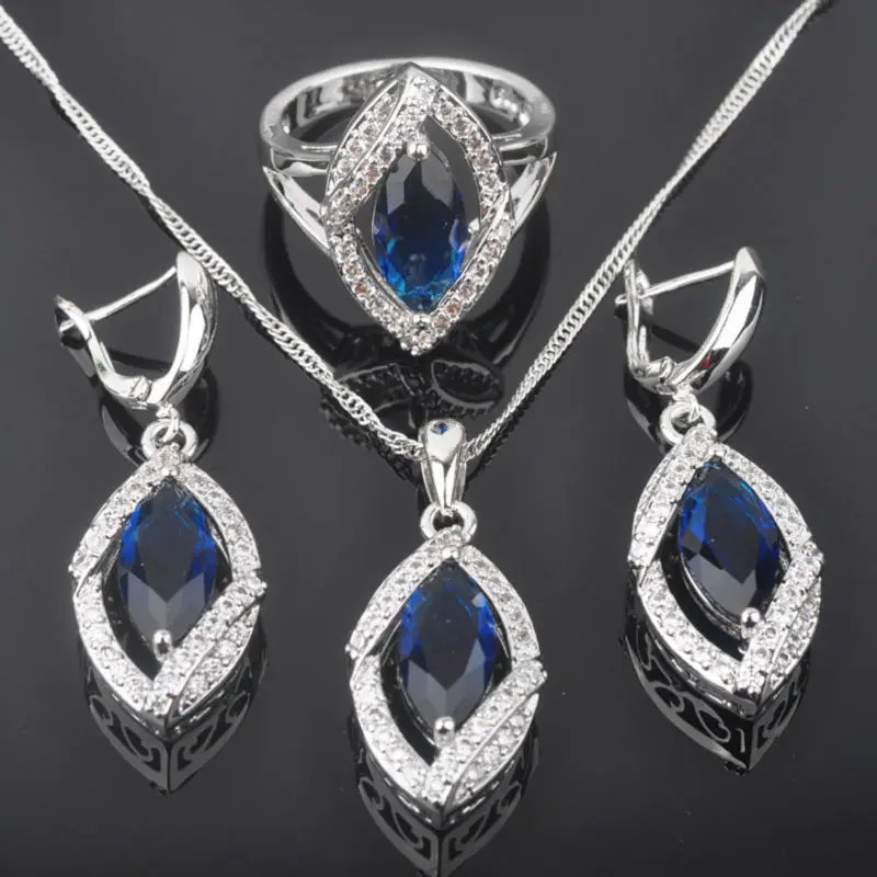 Женский комплект ювелирных изделий сережки/подвески/ожерелья/кольца с голубым