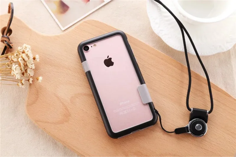 Черный Для Apple iPhone 7 Plus/для iphone 8 Plus, мягкий силиконовый чехол-бампер из ТПУ, рамка, чехол для телефона с ремешком на шею, веревка, цепь - Цвет: Черный