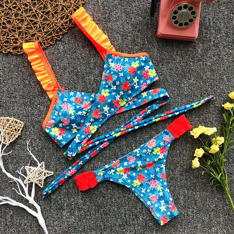 

2018 New Sexy Bandage Bikini for Women Swimwear Swimsuit Ruffle Printed Bikini Bathing Suit Biquinis Summer Beach Wear Female