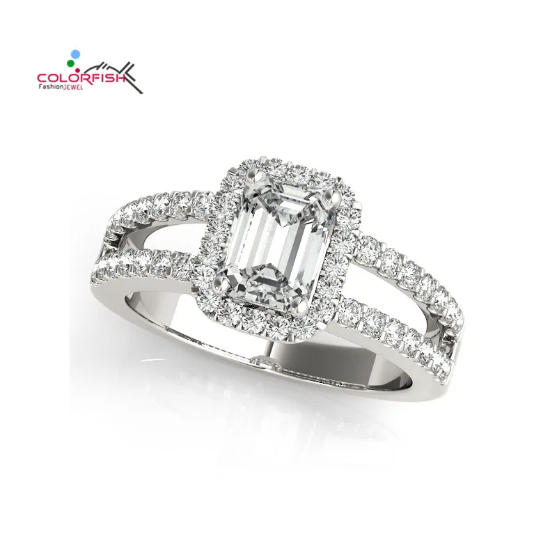 

COLORFISH Silver Rings For Women Luxury 3 Carat Halo Split Shank Engagement Ring Solid 925 Sterling Silver Female Sona Jewelry