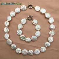 baroque pearl choker statement necklace bracelet jewelry set white color round coin button flat shape natural freshwater pearls