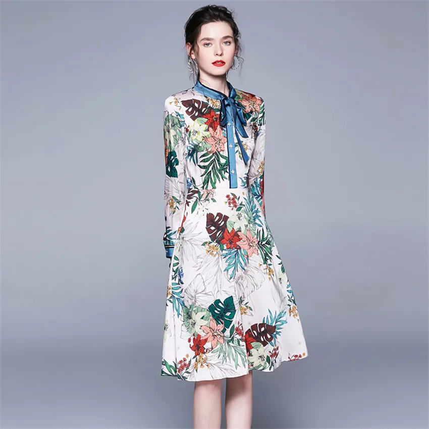 2020 высококачественное модное женское платье с длинным рукавом и цветочным