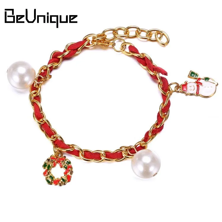 2016 Кристалл Браслет Сплава Цинка Красная Кожаная Веревка Жемчужина Рождество