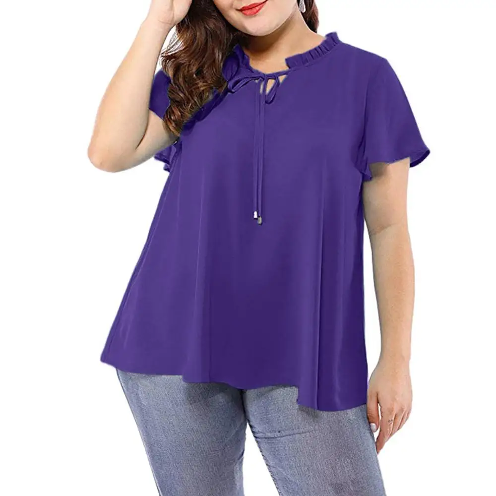 Blouses Женская рубашка, сплошной цвет, короткий рукав, v-образный вырез, повседневная, бант, женская, размера плюс, шифон, блузки и топы, grote maten dames kleding#15 - Цвет: Blouses
