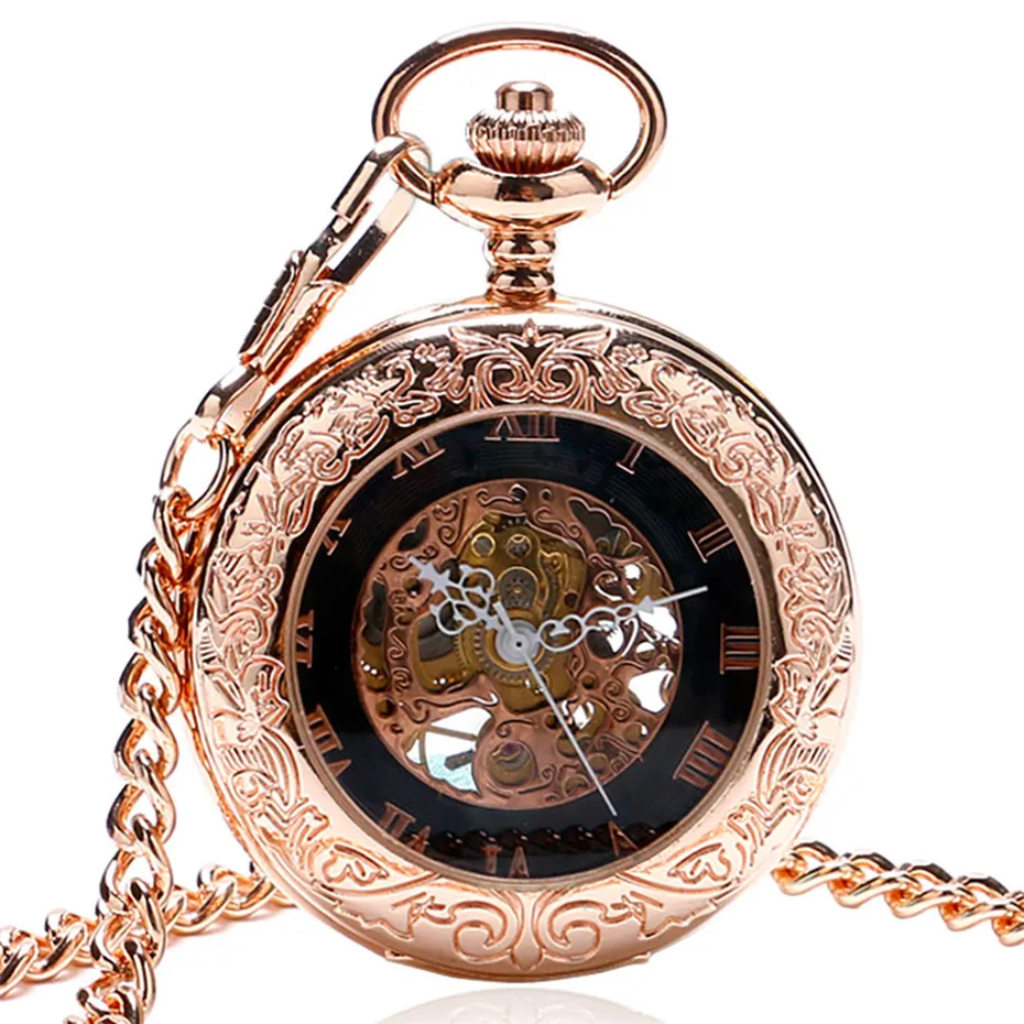 Antique Rose Gold Transparent Glass Roman Numerals Mechanical Hand Wind Pocket Watch Souvenir Pendant Clock Gifts Men Women