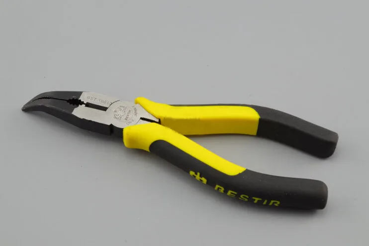 

BESTIR yellow and black 6" Bent Nose Pliers Cr-V alloy steel stiffened tongs mouth bimaterial handle,ANSI and DIN,NO.10613