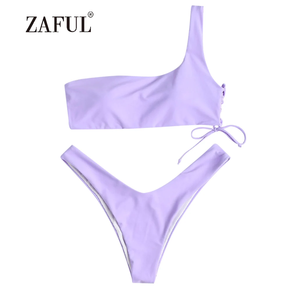 

ZAFUL One Shoulder Bikini Swimwear Women High Cut Swimsuit Sexy Low Waist Thong Bikini Padded Mauve Swimwear Bathing Suit Biquni