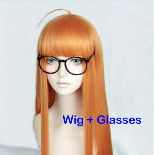 Wig and Glasses P5 Persona5 футаба Сакура 100 см длинные прямые цитрусовые оранжевый термостойкий косплей костюм парик+ дорожка+ Кепка - Цвет: Wig and Glasses