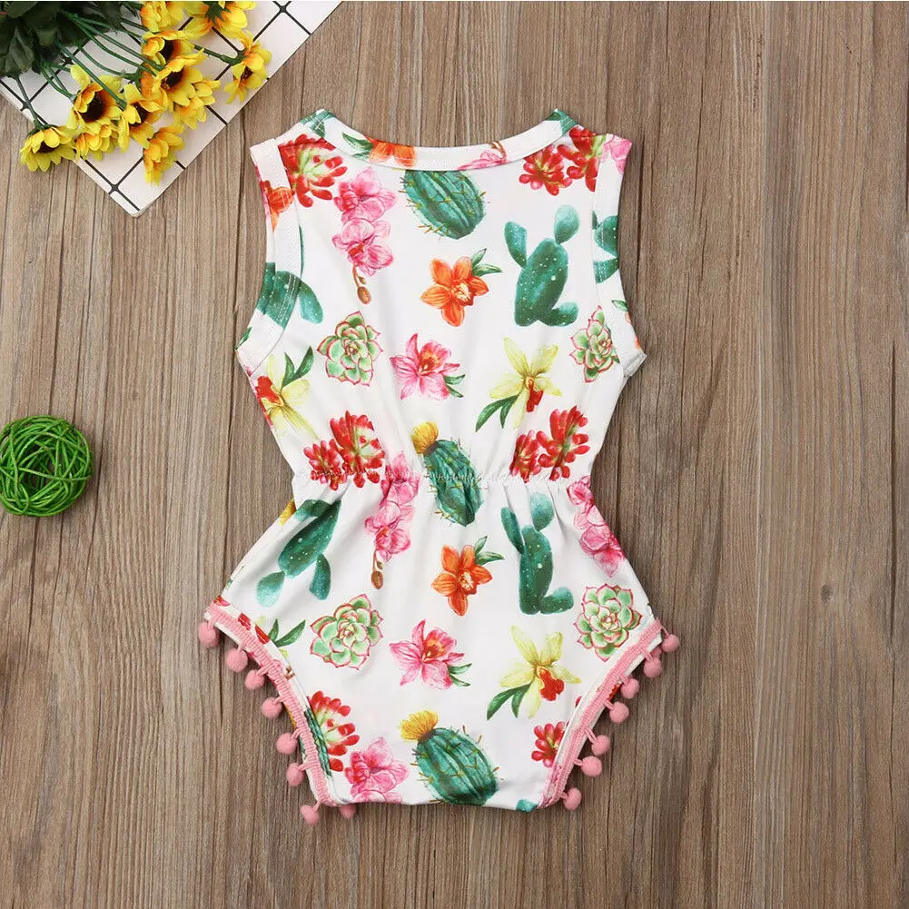 

2019 Summer Newborn Kids Baby Girls Cactus Floral Romper Bodysuit Jumpsuit Clothes One-Pieces Tassel Sleeveless