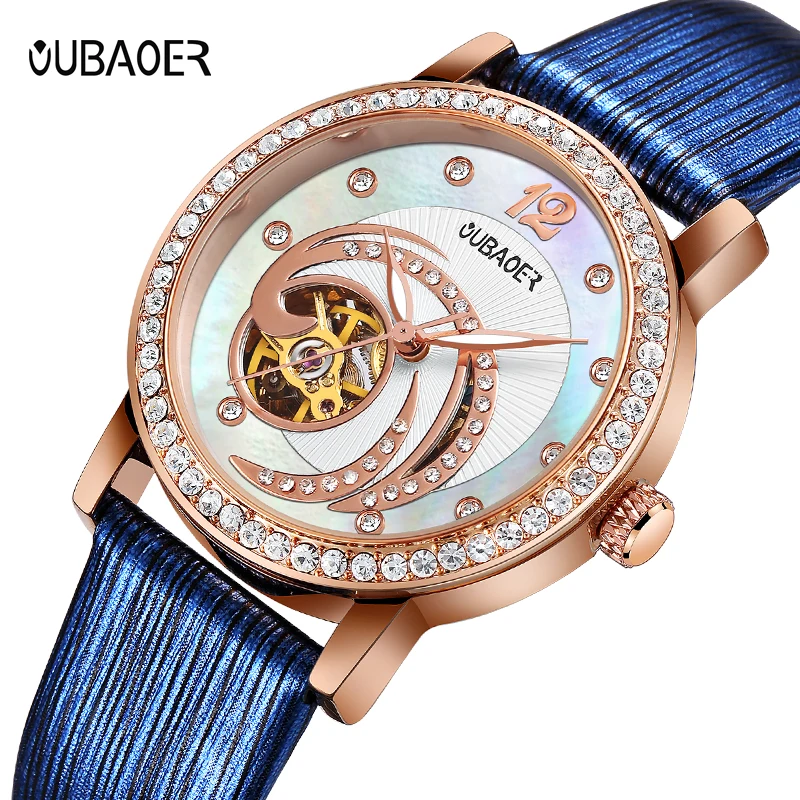 OUBAOER Blue Skeleton Automatic Watches Women Fashion Bracelet Watch Ladies Rhinestone Luxury Genuine Leather Mechanical Watch