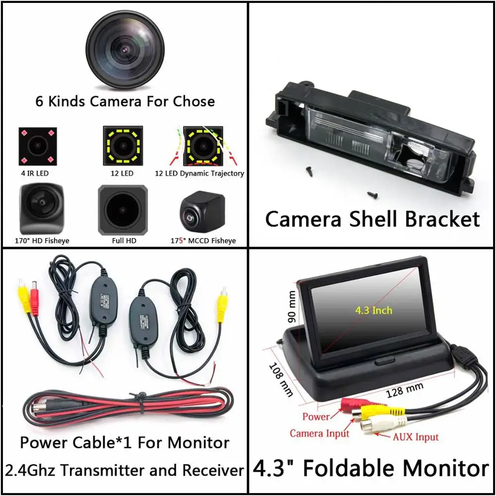 C Wireless 4.3 Fold 175 градусов MCCD рыбий глаз 12LED HD камера заднего вида для Toyota RAV4 Auris E180 Corolla Scion iM Toyota iQ Chery Tiggo автомобильный монитор - Название цвета: C Wireless 4.3 Fold