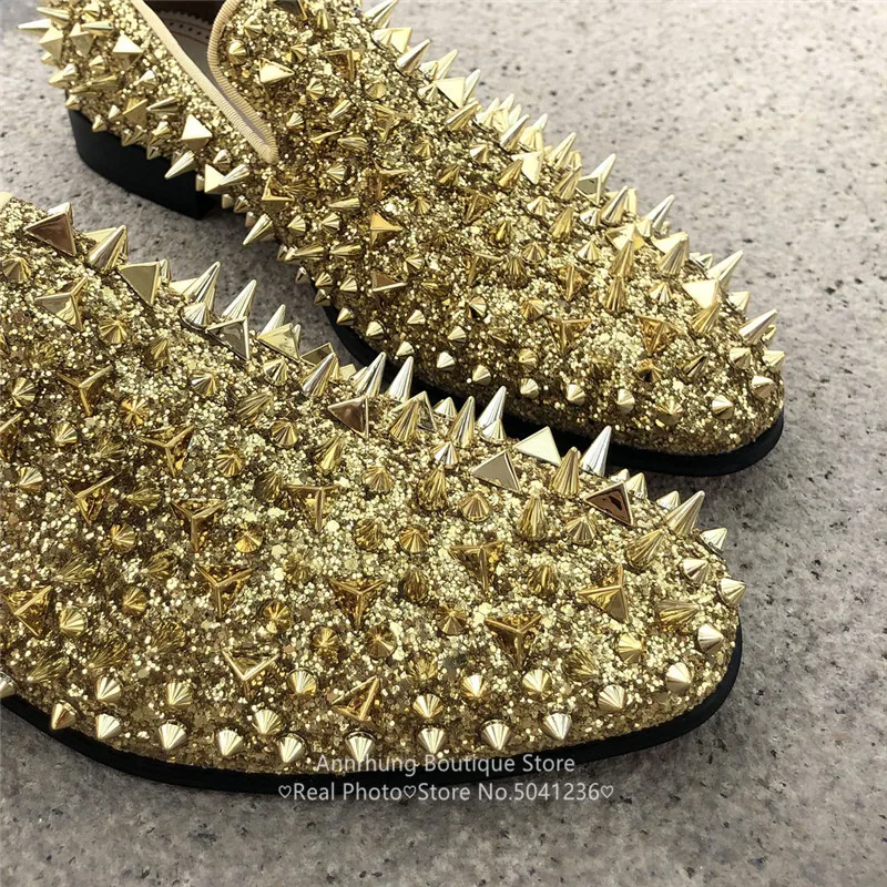 Glitter Rivet Casual Shoes Men Sequin Loafers Round Toe Slip On Flats Genuine Leather Studded Men Shoes Zapatillas Hombre