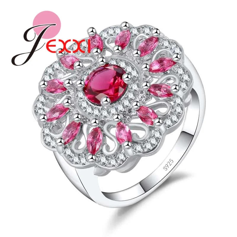 

Fashion Red & White CZ Crystal Hollow Flower Design Rings 925 sterling-silver-jewelry for Women Wedding Finger Jewelry