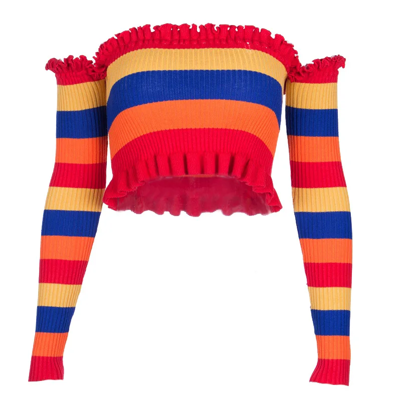 Autumn Colour Stripe Sweater for Women Sexy Off Shoulder Rainbow Short Pullover Knitting Sweaters Pull Womens Knitted Crop Tops | Женская
