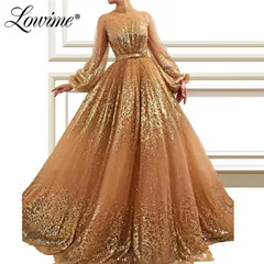 Шампанское Sequined Long Sleeves Arabic Evening Dress Custom Made Dubai Islamic Prom Dresses Kaftans Saudi Arabia Wedding Party Gowns - Цвет: Шампанское