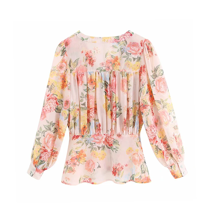 Винтажные шикарные шифоновые топы с цветочным принтом и пуговицами, женские блузки, модные плиссированные рубашки с v-образным вырезом и длинным рукавом, повседневные блузы Mujer