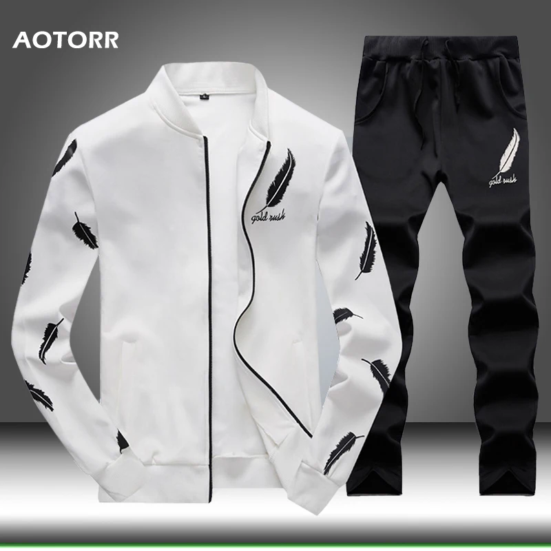 Autumn Casual Mens Tracksuit Set Zipper Spring Sets Fleece 3D Print Pleated Workout Hoodies Sweatshirt+Pants Suit Slim Fit