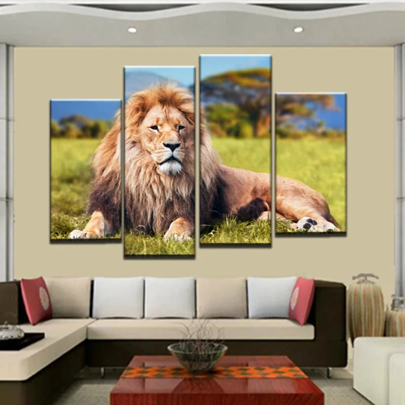 Без рамки 4 шт. лев на лугу Современная Картина холсте домашний Настенный Дизайн